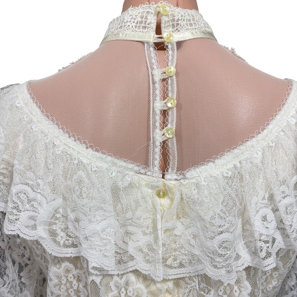 Vintage Gunne Sax Gunnies Lace Blouse Ivory Victorian Ruffle High Neck Top 13 - Picture 7 of 9